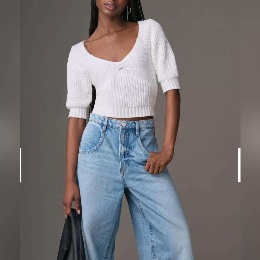 NWT Bishop + Young Bex Pointelle Short Sleeve Puff White Ribbed Sweater XS-S-M-L